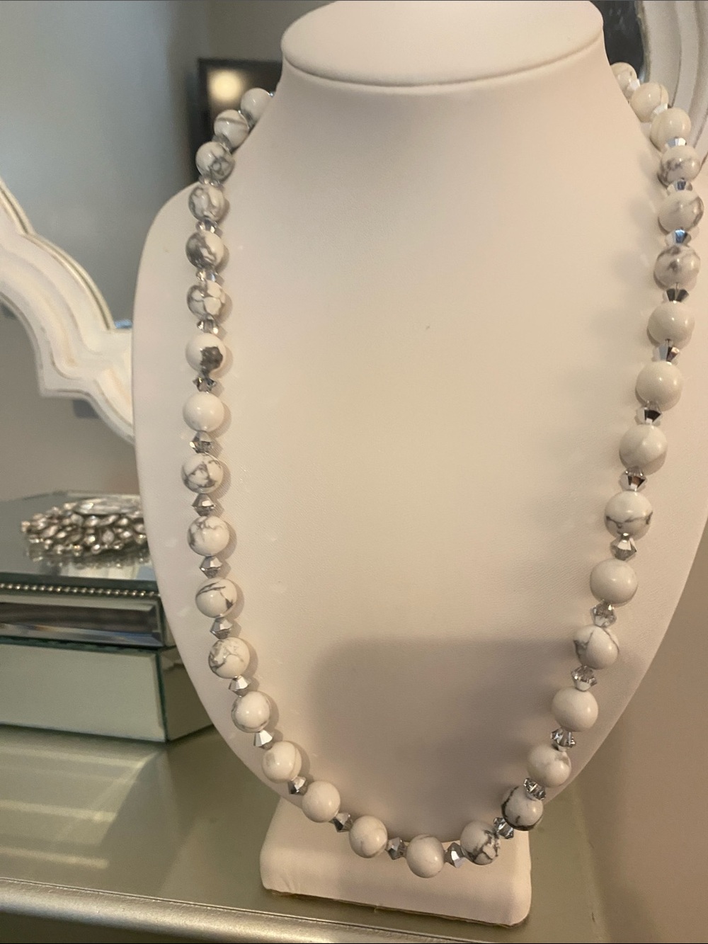 White Semi Precious Howlite Bead Necklace. Bi cone Crystal Accent Beads.